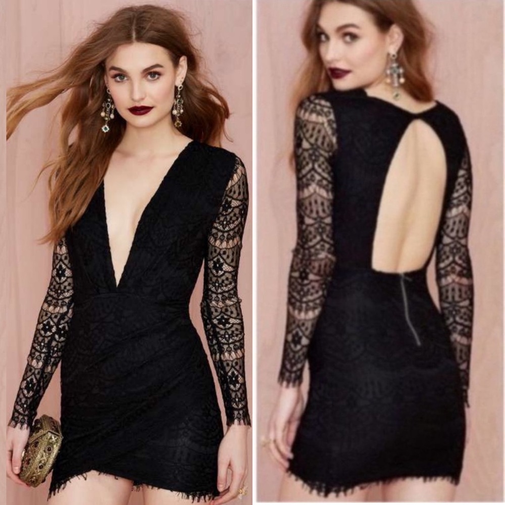 NASTY GAL REVERSE Havana Low Neckline Lace Mini Black Cocktail Dress Long Sleeve